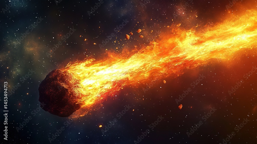 Fototapeta premium Fiery Meteor Traveling Through Space with Explosive Trail of Flames Background. Captivating Cosmic Phenomenon