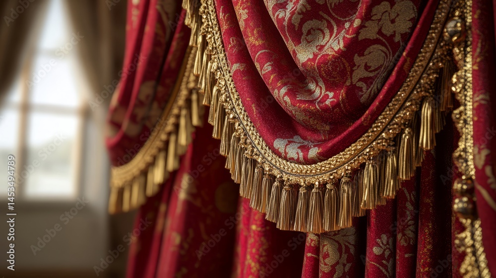 Fototapeta premium Elegant theater curtain with rich red fabric, close-up detail, dramatic side lighting