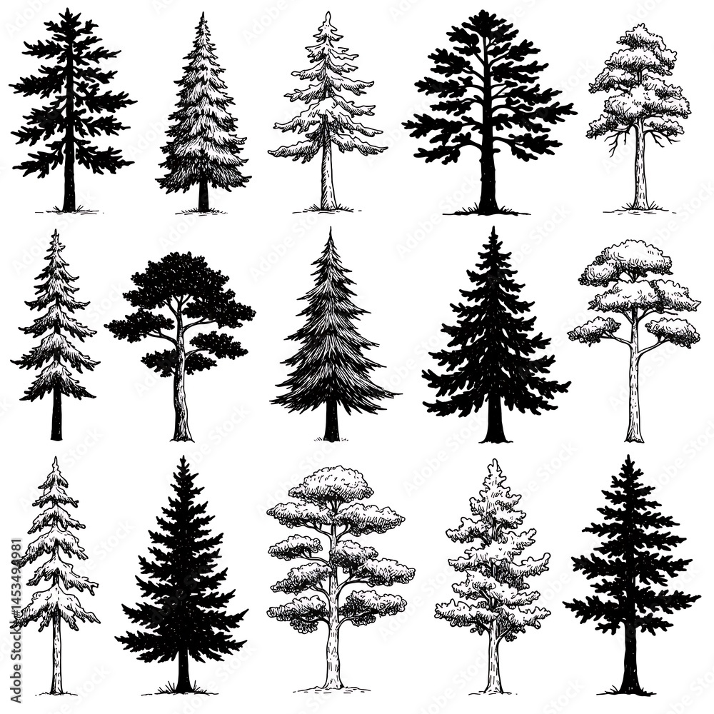 Obraz premium Hand-Drawn Tree Collection: Ink & Pencil Sketches AI Generated