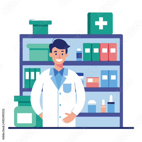 Smiling young male pharmacist stands before a fully stocked medicine shelf ready to assist
