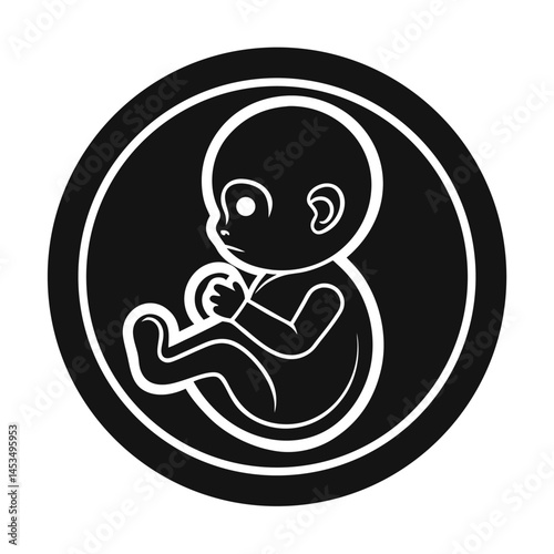 Stylized line art portrays a curled fetus within a round black background
