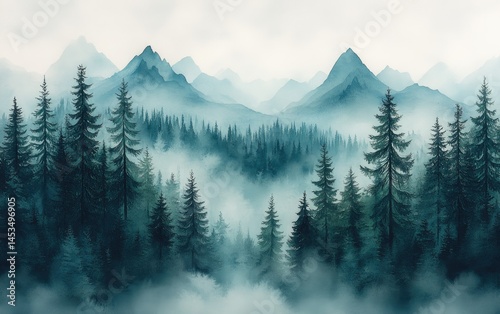 Misty mountain range landscape painting, serene forest scene.