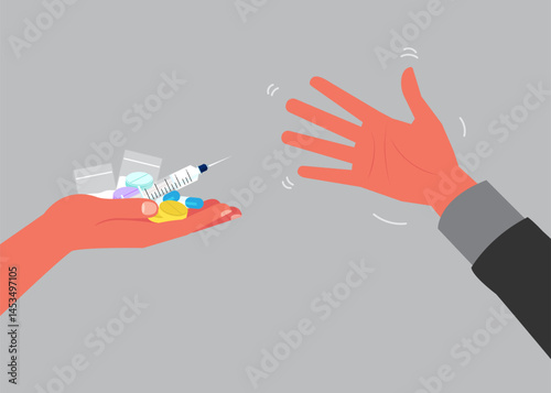 A man rejects drugs when being offered stock illustration. Concept without drugs