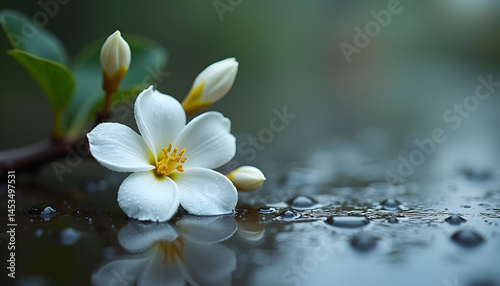 A white flower with a yellow center sits on a wet surface.