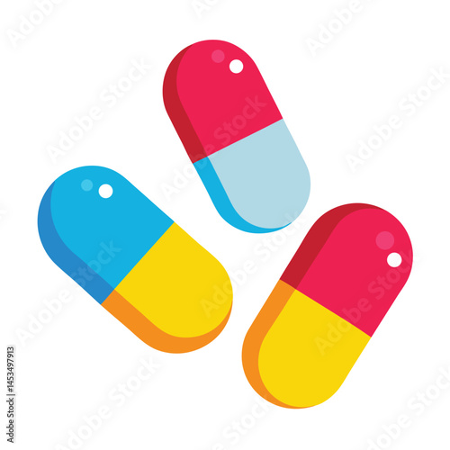 Three vibrant capsules display red, blue, and yellow hues against a clean white background