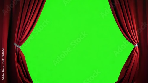 Red curtain opens revealing green screen stage transition background