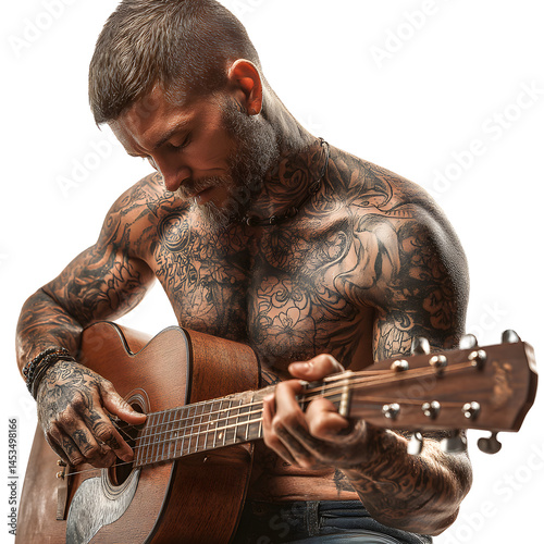 Tattooed man playing guitar, expressing his creativity and passion for music.
