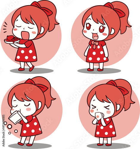 A cute cartoon illustration shows a smiling girl holding a cake and give different expressions