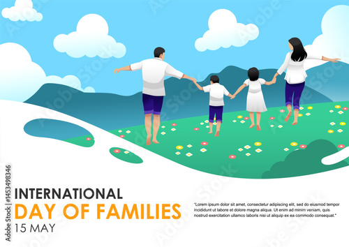 happy family illustration in flower garden. suitable for all kinds of family theme design