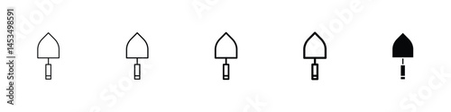 Set of 5 pixel perfect Trowel icon with 1 unexpanded, 1 silhouette, A gardening trowel icon with a pointed blade.