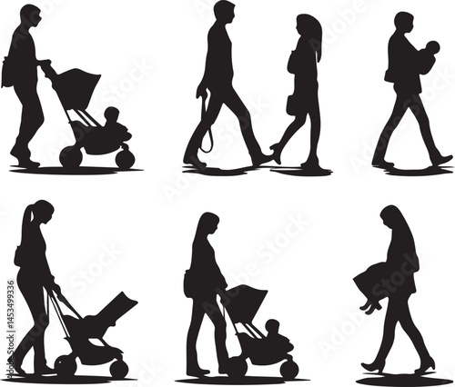 Silhouette People Walking: Vector Illustration of Pedestrians, Parents with Strollers, and Individuals in Motion - Black and White Graphic Art