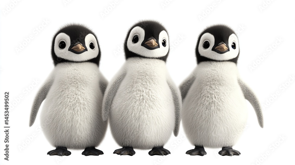 Fototapeta premium Group of 3D Baby Penguins Standing, Isolated on Transparent or White Background. Adorable and Playful Antarctic Birds in a Stylized Composition