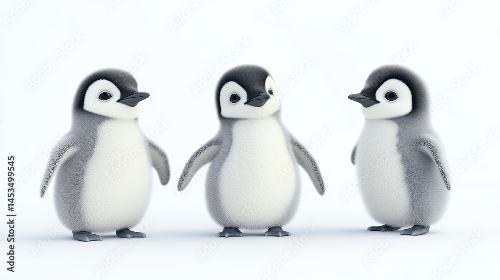 Fototapeta premium Group of 3D Baby Penguins Standing, Isolated on Transparent or White Background. Adorable and Playful Antarctic Birds in a Stylized Composition