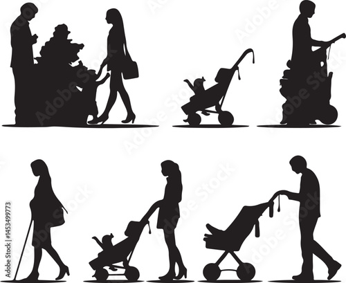Silhouette Vector Art: People Walking, Pushing Strollers, Shopping, and Using Cane - Black and White Illustration for Design Projects