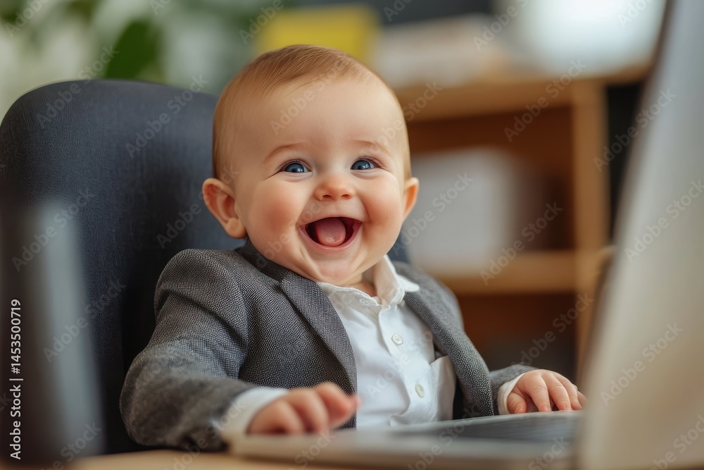 Business baby boy joyfully smiles while working with papers and laptop in bright office room Business baby boy joyfully smiles while working with papers and laptop in bright office room