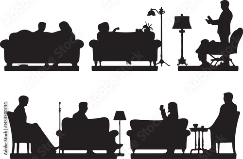 Silhouette Vector Art: People Relaxing on Sofas and Chairs in Living Room - Black and White Illustration of Interior Scenes