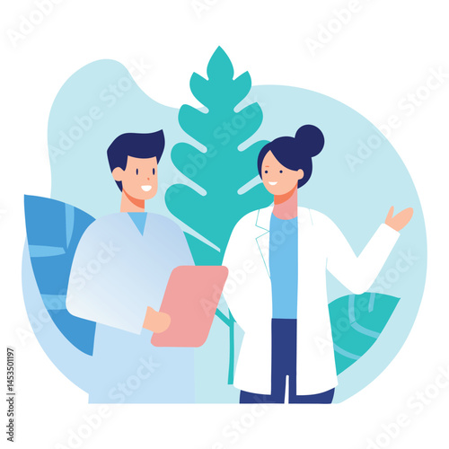 Young female doctor gesturing while her colleague holds a file, set against a leafy background