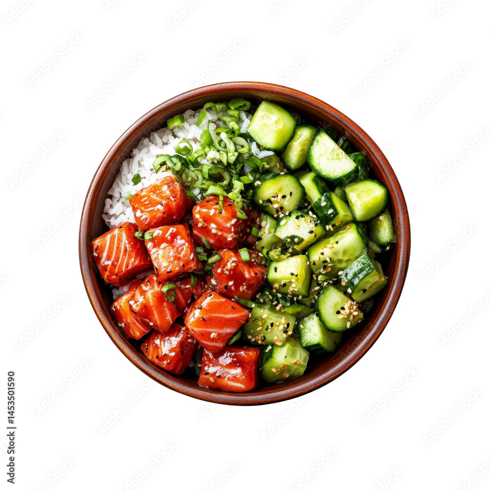Delicious Poke Bowl with Salmon, Rice, Cucumber, and Sesame Seeds Delicious Poke Bowl with Salmon, Rice, Cucumber, and Sesame Seeds