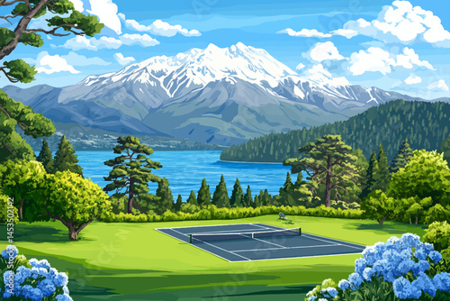 Tennis court landscape illustration 