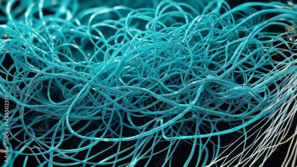 cinematic ultra hd shot of random tangled teal neon threads mixing with sharp holographic glitter edges hyper detailed 8k

