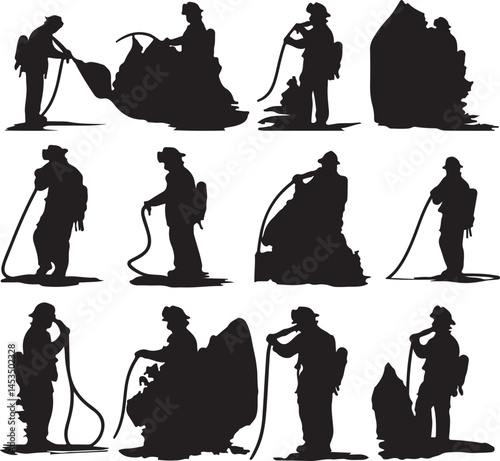 Firefighter Silhouette Vector Graphics: Wildland Fire Crew, Hose, Backpack, Protective Gear, Black and White Illustration, Emergency Services Icon Set