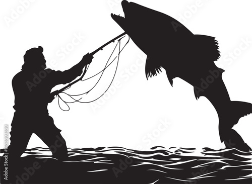 Silhouette of Fisherman Catching a Big Fish: Fly Fishing Illustration, Outdoor Recreation, Sport Fishing, Angling Adventure Vector