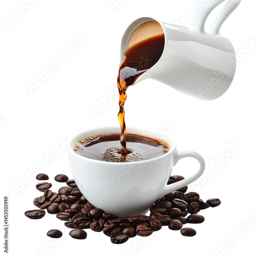 Pouring fresh Brazilian black coffee into a white cup surrounded by coffee beans, Pouring a Fresh Cup Brazilian black coffee, Transparent background