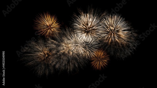 Gold and silver fireworks in night sky, bokeh effect, abstract holiday background, f/2.0, gradient lighting . The focus is sharp, and the high-resolution detail gives the image a stock photo-style app