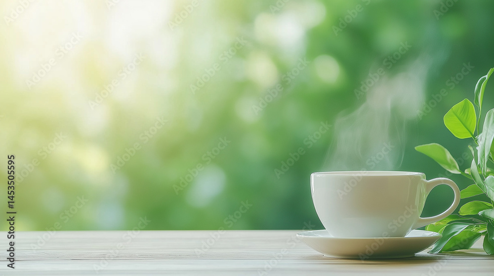 A Moment of Serenity: A single, steaming white cup of coffee, nestled on a saucer, rests serenely on a wooden table, with the verdant. A Moment of Serenity: A single, steaming white cup of coffee, nestled on a saucer, rests serenely on a wooden table, with the verdant.