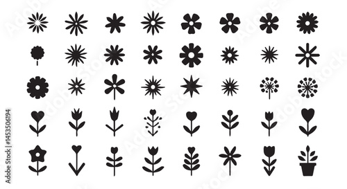 black and white flower icons set
