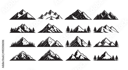 Mountain peak silhouettes. Black hills, top rocks. Mountains symbols