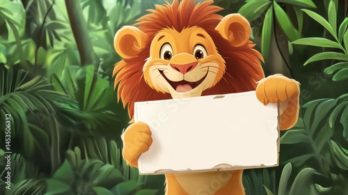 Smiling lion holding blank sign in jungle