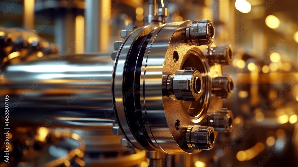 Obraz premium Closeup view of a shiny metallic refinery valve under bright industrial lighting with pressurized fuel flowing through the surrounding pipes and machinery