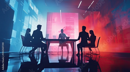 Silhouetted businesspeople brainstorming in high-tech collaborative workspace