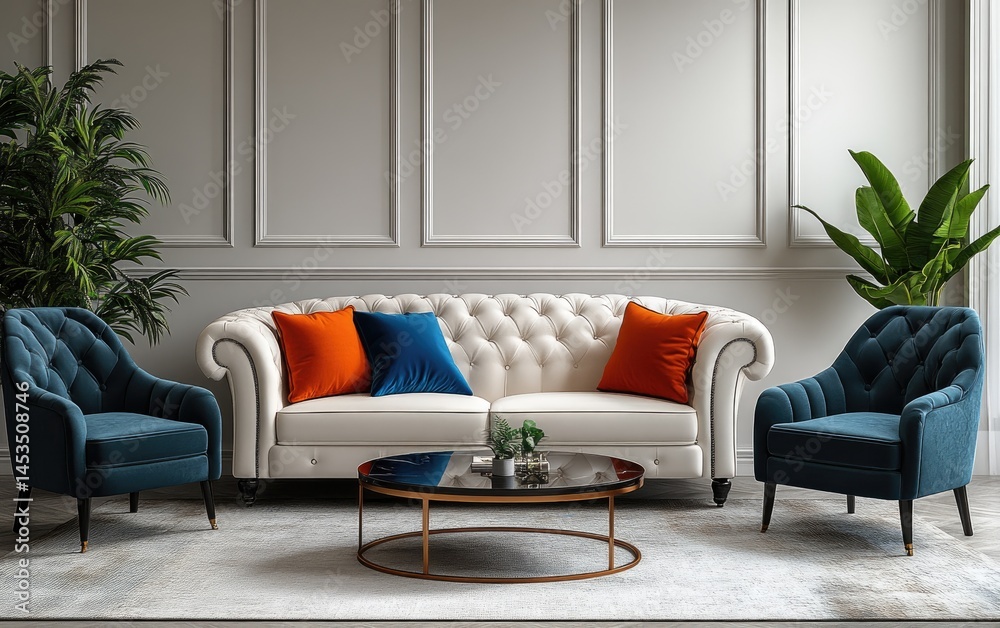 Fototapeta premium Elegant, classic living room interior design with tufted furniture.