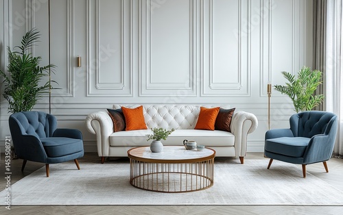 Luxurious living room interior design with comfortable seating.