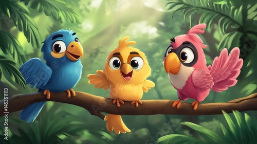 Three cheerful birds in a jungle setting