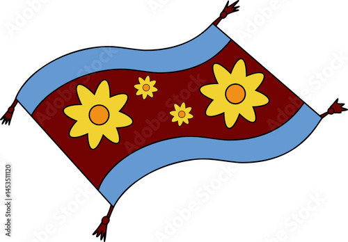 A colorful, cartoon-style magic carpet with yellow flowers, blue borders, and red tassels at each corner.