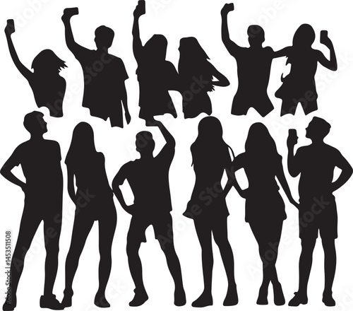 Silhouette Crowd Taking Selfies with Smartphones: Black and White Vector Illustration of People Posing for Photos, Social Media Concept