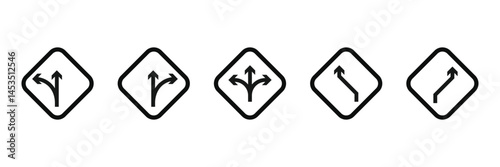 Road traffic direction arrows flat set. You-turn, left, right, two way, three way transportation direction arrow symbol.