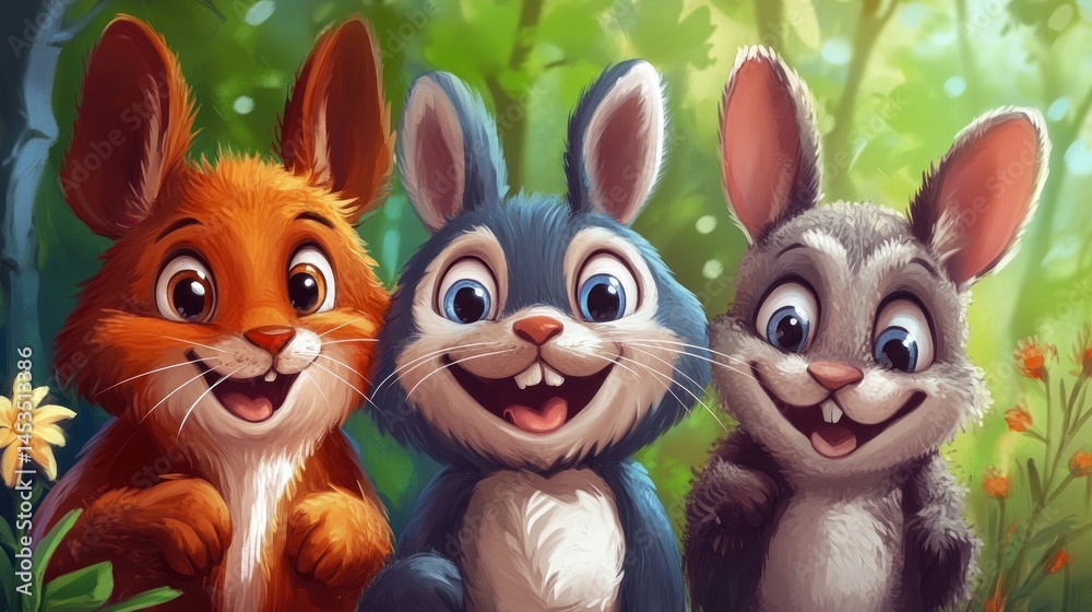 Three happy cartoon rabbits in a forest (1) Three happy cartoon rabbits in a forest (1)