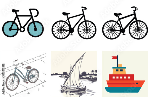 Vintage cycle sport with black silhouette of old bicycles for city transport