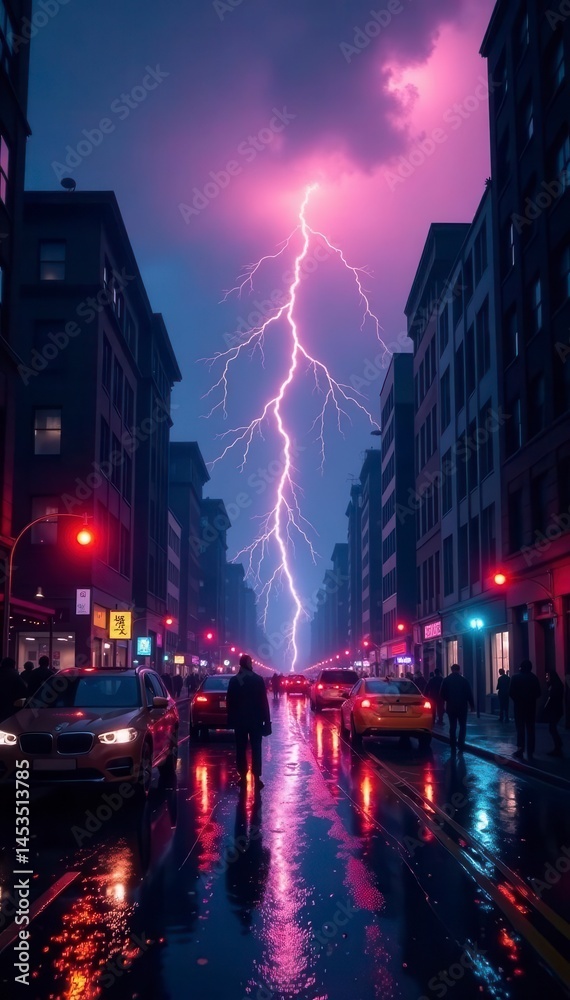 Fototapeta premium Single lightning strike over rain-soaked city streets, light, weather, dark
