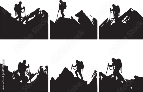 Silhouette Illustration of a Hiker Climbing a Mountain: Outdoor Adventure, Mountaineering, Hiking, Trekking, and Exploration Concept Art