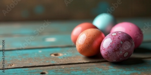 Close-up, speckled & solid dyed eggs on weathered wood, spring holiday, painted eggs
