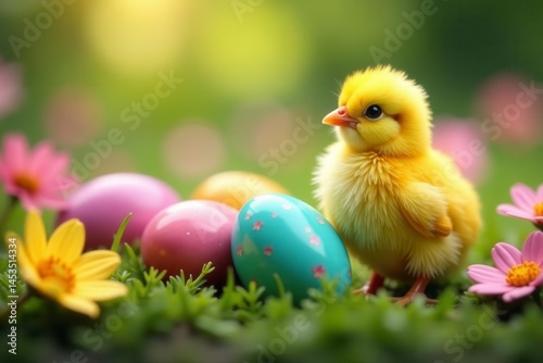Colorful eggs with a tiny chick and vibrant blooms , floral, photo, rabbit