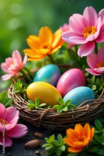 Colorful eggs nestled in blooming flowers, vibrant spring garden , excitement, celebration, colorful