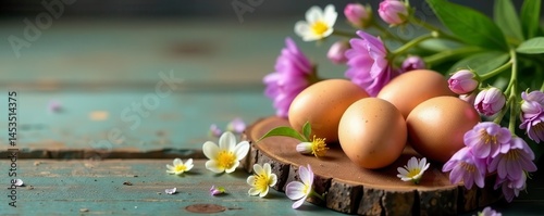 Delicate eggs & wildflowers arranged on aged wooden board, soft light , detail, blossom