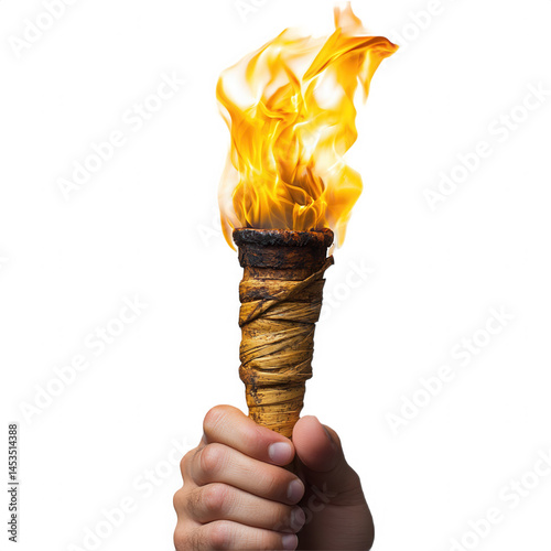 Stock photo of hand holding burning torch flame light on black background on transparent background
