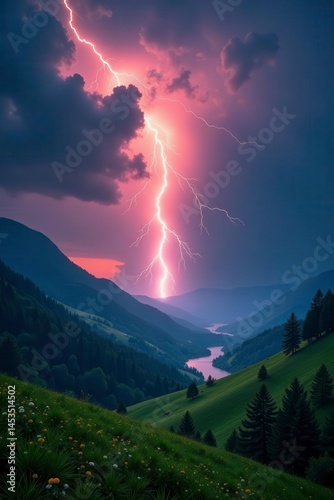 Fiery lightning illuminates lush green valley, hills, light